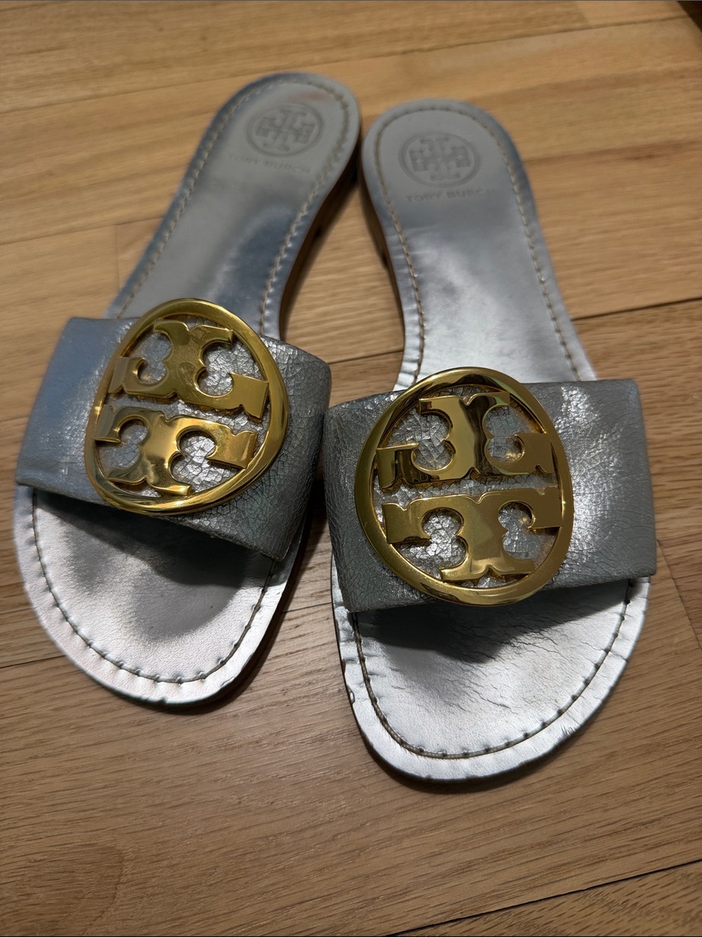 Tory Burch Grania Silver Slides with Gold Logo Discs size 7